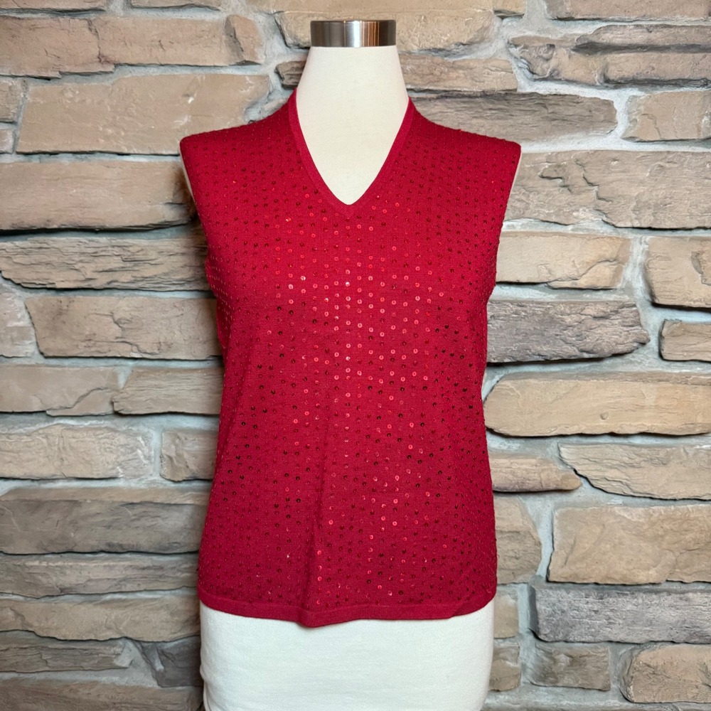 Norton Womens Red Sequins V Neck Sleeveless Sweater Vest Top Size M